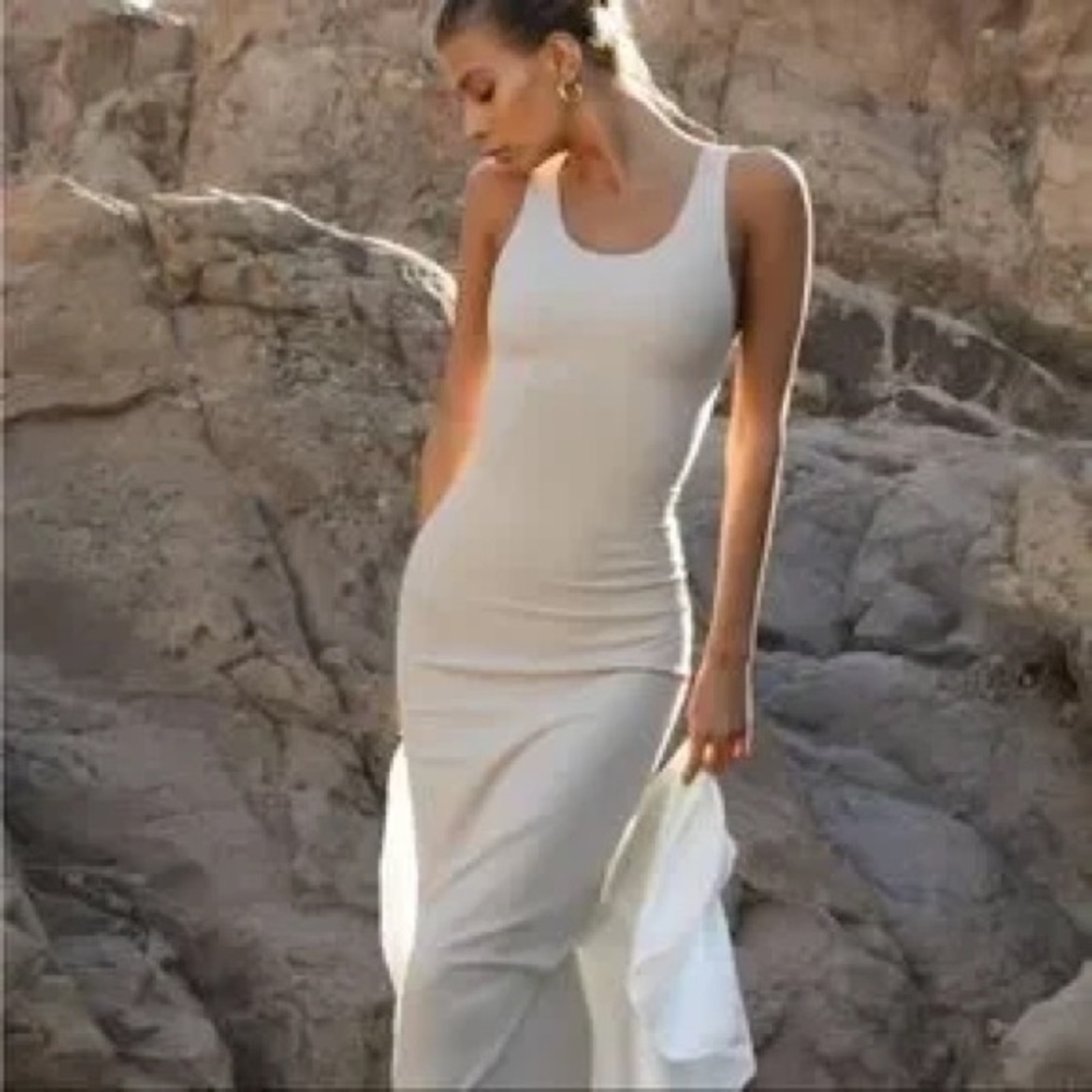 Joah Brown Cream Ribbed Bodycon Midi Dress S / M - Picture 2 of 8